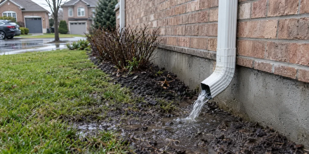 Downspout discharging rainwater near the foundation