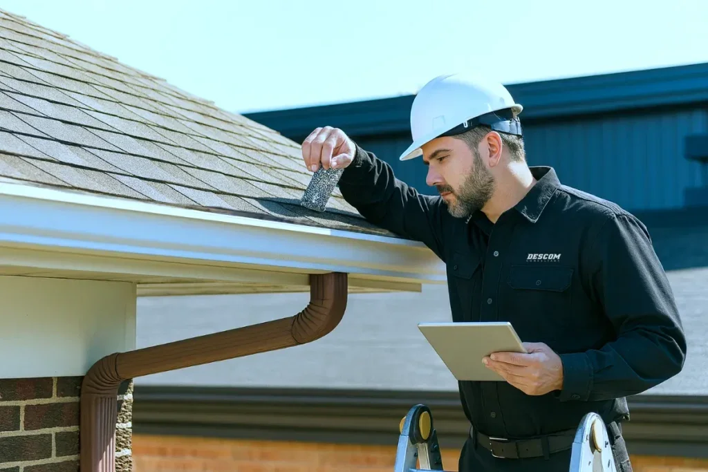 Inspector examining roofing materials during a roof inspection