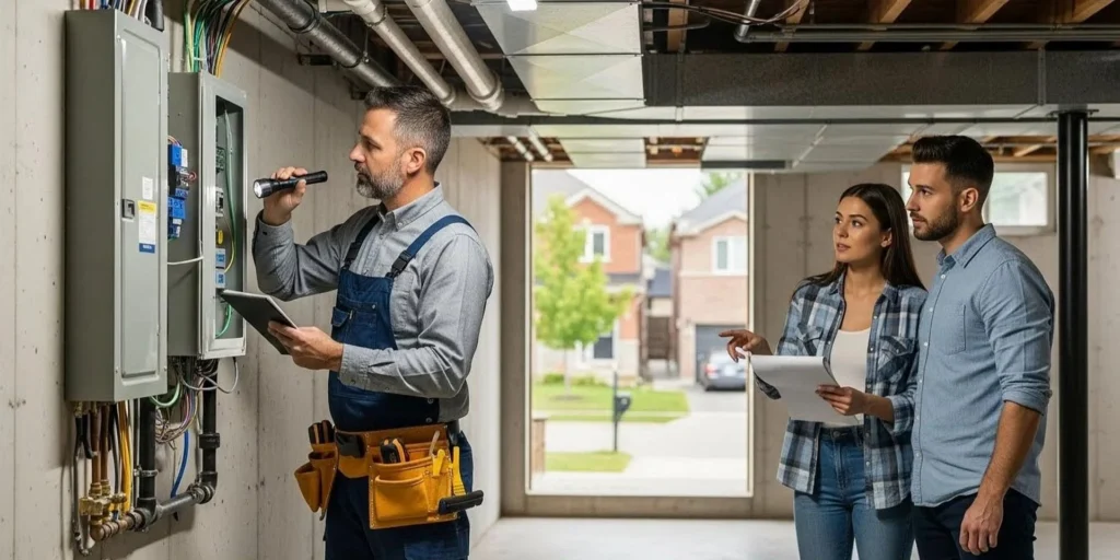 Home inspector checking an electrical panel during a home inspection